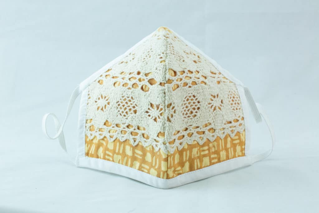 RA Studio Designer Lace Cotton Mask. Lace is stitched on top of the Block Printed Mask