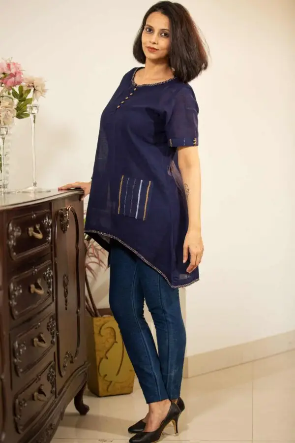 Hand Embroidered Navy Blue Mangalgiri Cotton Kurta - Image 2