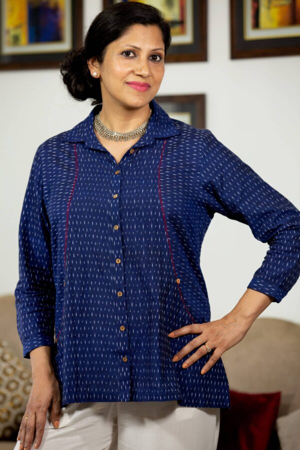 Stylish Ikat Cotton Tunic with Kantha Embroidery and Convenient Pockets