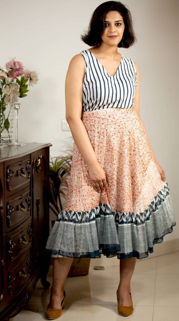 Block Printed Mulmul Skirt with Ruffled Hemline and Kota Doria Accents