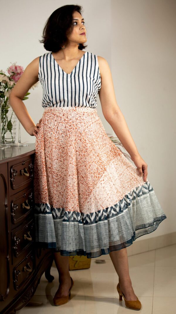 Block Printed Mulmul Skirt with Ruffled Hemline and Kota Doria Accents - Image 2