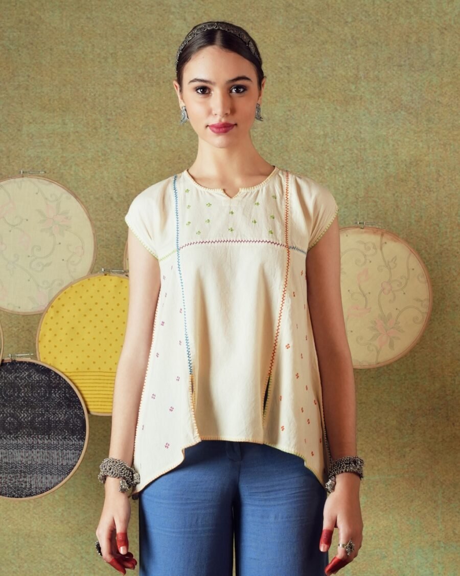 Hand Embroidery Flared Top Stripes Creamy White - Image 1