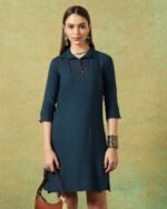 Collared Blue Dress with Details Straight Cut