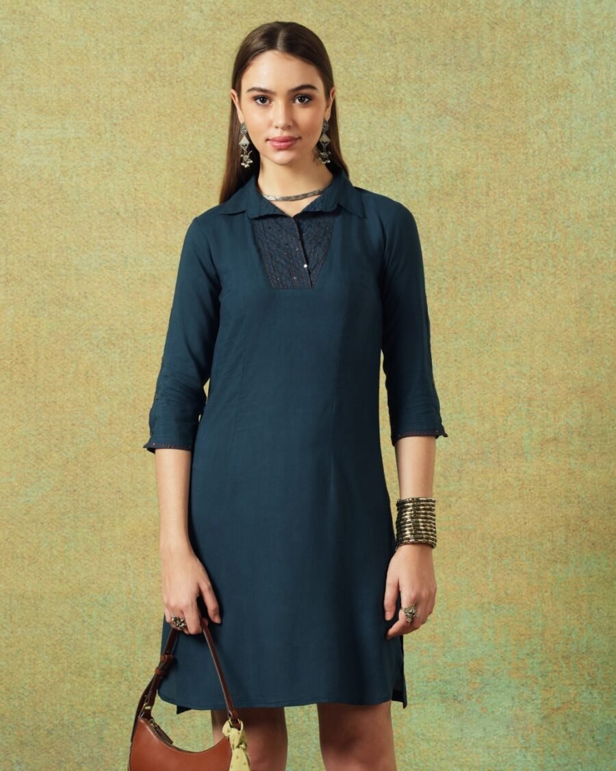 Collared Blue Dress with Details Straight Cut - Image 1