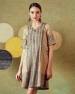 Beige Block Print Dress Princess Line Cut with Stripes & Hand-Embroidered Pocket