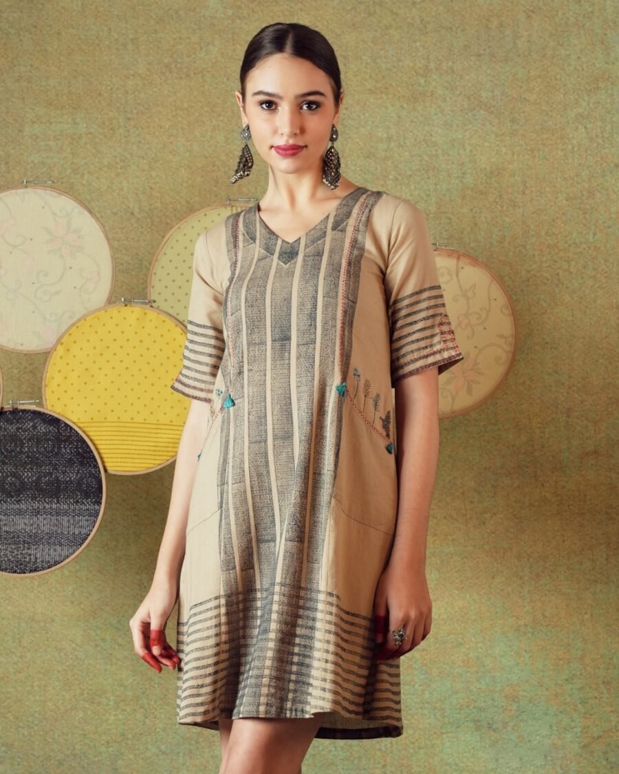 Beige Block Print Dress Princess Line Cut with Stripes & Hand-Embroidered Pocket - Image 1