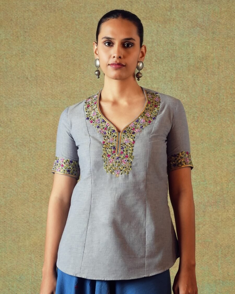 Hand Embroidery Tunic Princess Cut Grey - Image 1