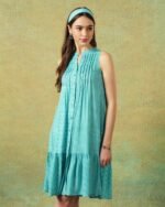 Sleeveless A-line Shirt Dress Blue Moth and Stripe Print