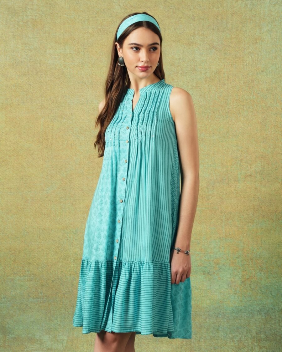Sleeveless A-line Shirt Dress Blue Moth and Stripe Print - Image 1