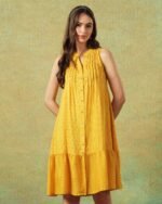 Sleeveless A-line Shirt Dress Yellow Moth and Stripe Print