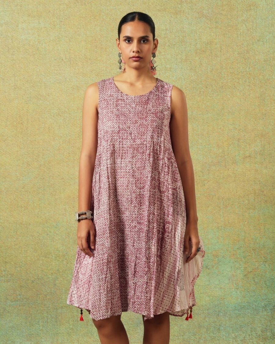 Crinkled Burgundy Breezy Shift Dress Gently Flared Dress - Image 1