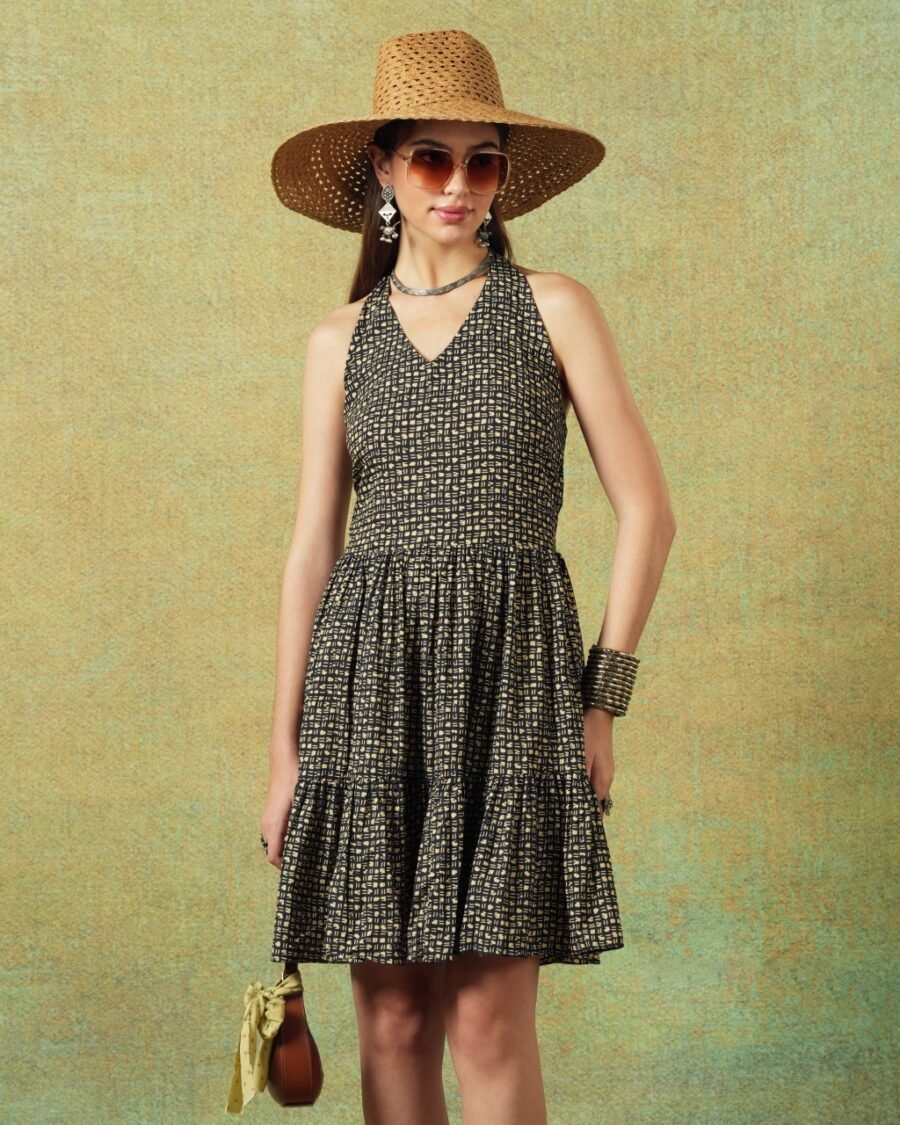 Dress Halter Neck Crinkled Jaipur Block Print Jaal Print Black - Image 1