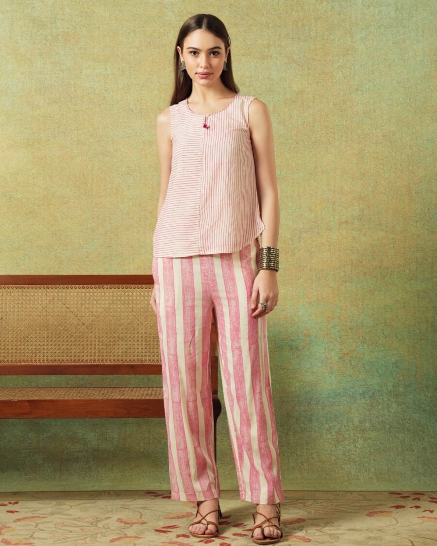 Flared Bottom Pants Pink Wide Stripes - Image 1