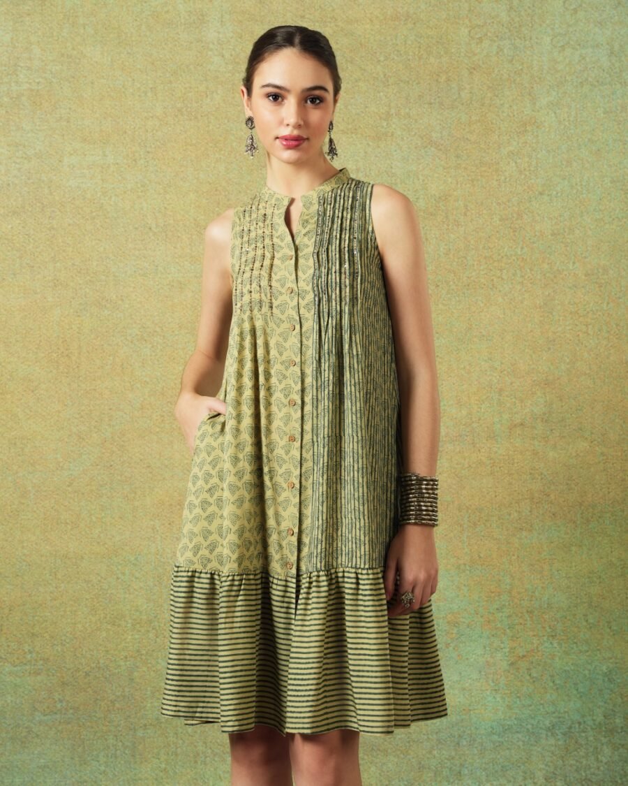 Sleeveless A-line Shirt Dress Green Moth and Stripe Print - Image 1