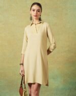 Collared Beige Dress with Details Straight Cut