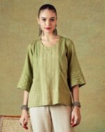 Green Block Printed Tunic Princess Line Cut with Embroidered Pocket
