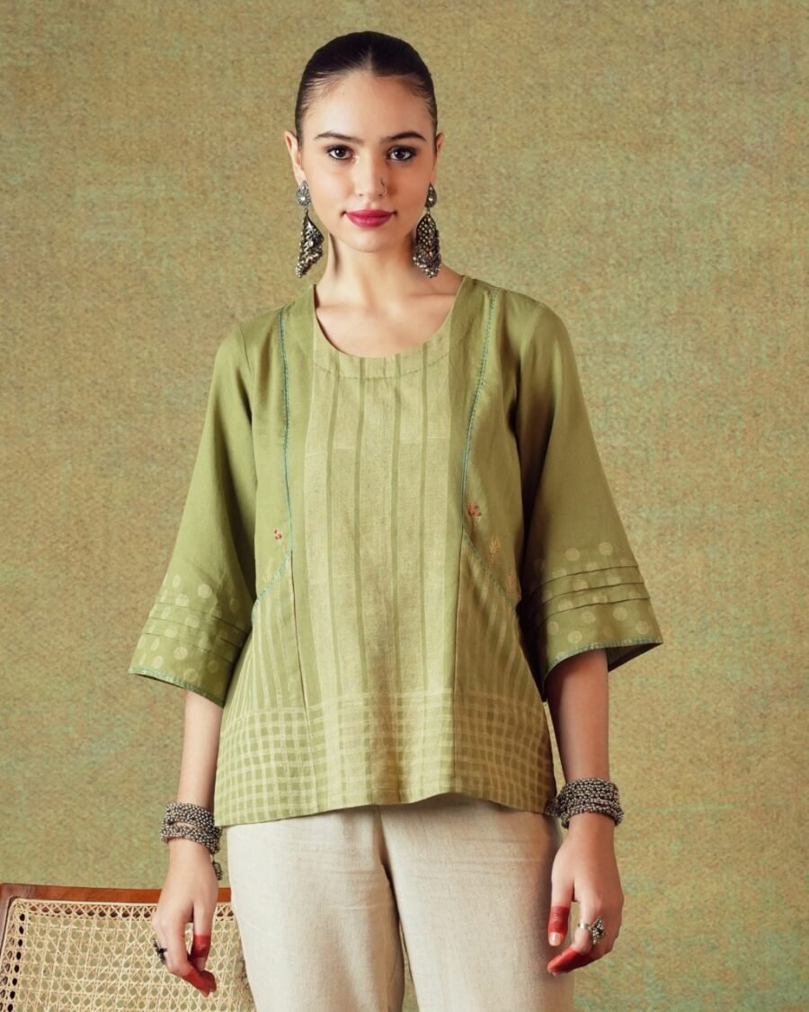 Green Block Printed Tunic Princess Line Cut with Embroidered Pocket - Image 1