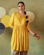 Yellow Flared Empire Line Dress with Yellow Stripe and Moth Block Print