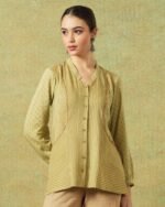 Block Printed Shirt with Pockets Green Stripe and Dot