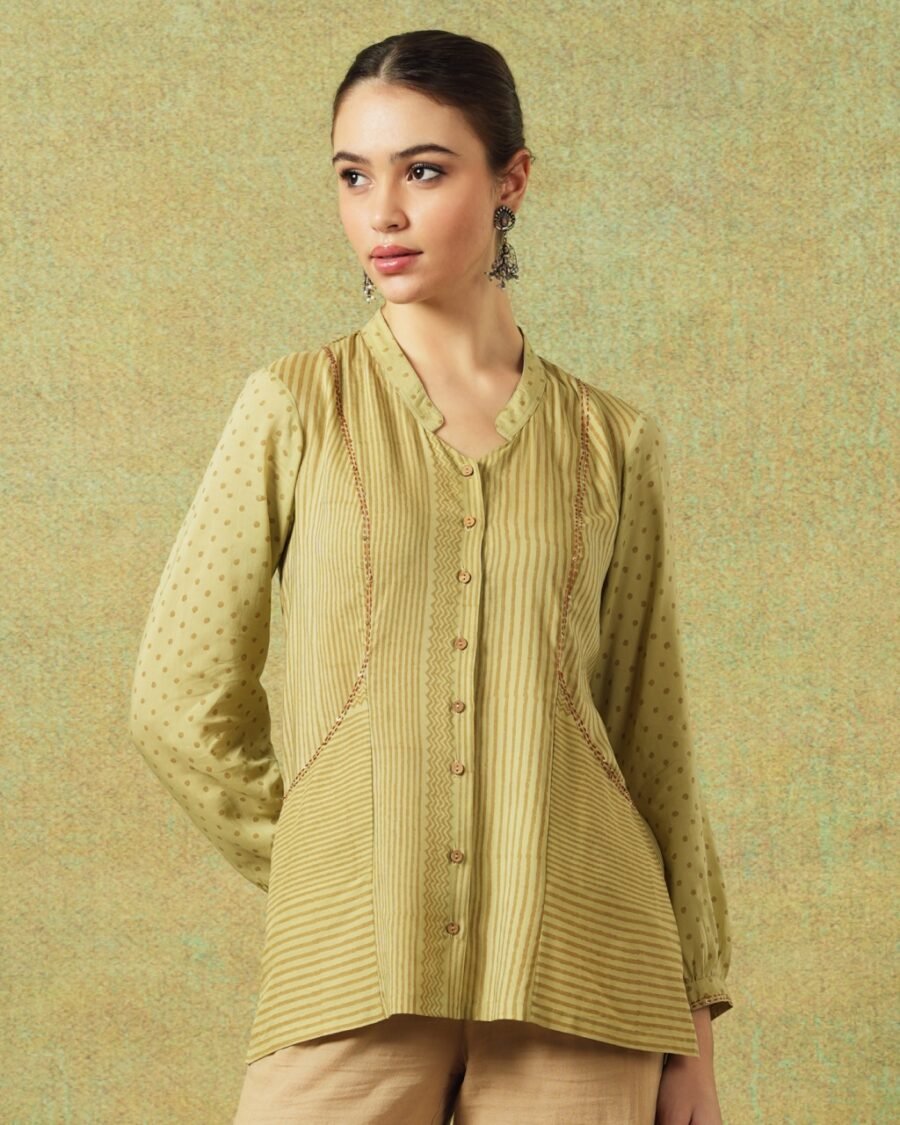 Block Printed Shirt with Pockets Green Stripe and Dot - Image 1