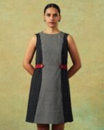 Sleeveless black and grey panel A-line dress with red belt detailing – RA Studio