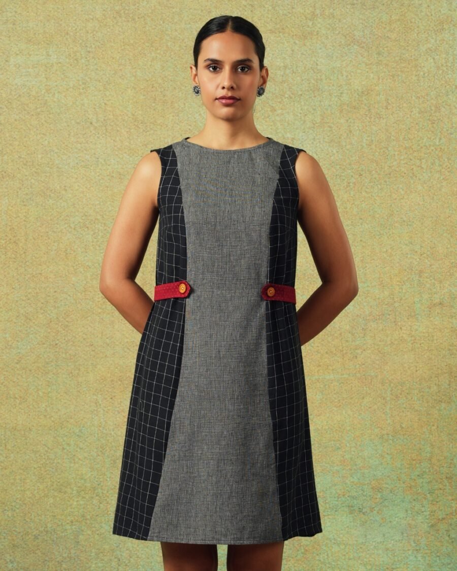 Sleeveless black and grey panel A-line dress with red belt detailing – RA Studio