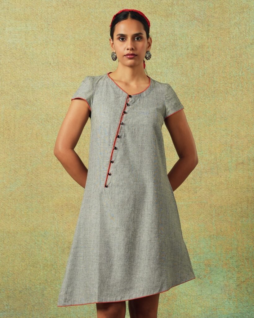Short-sleeved grey A-line dress with subtle black and white accents – RA Studio