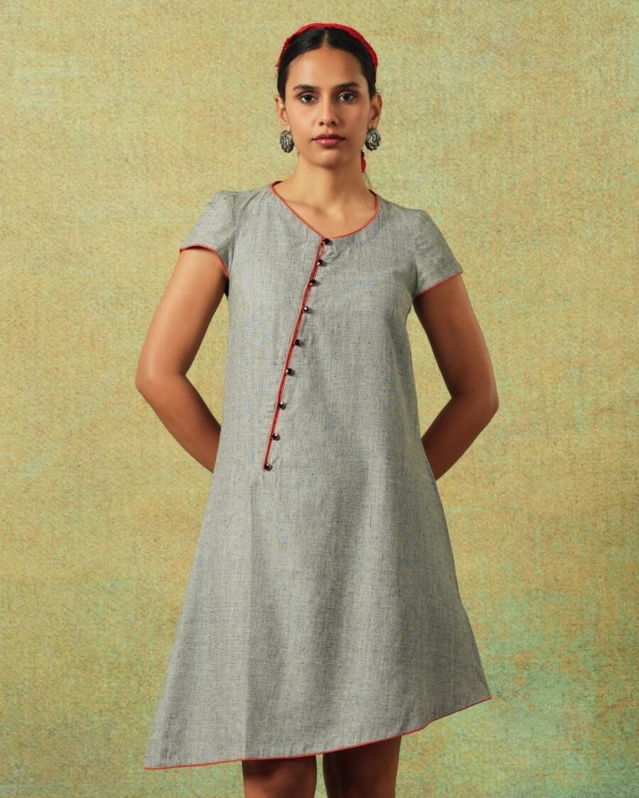 Short-sleeved grey A-line dress with subtle black and white accents – RA Studio