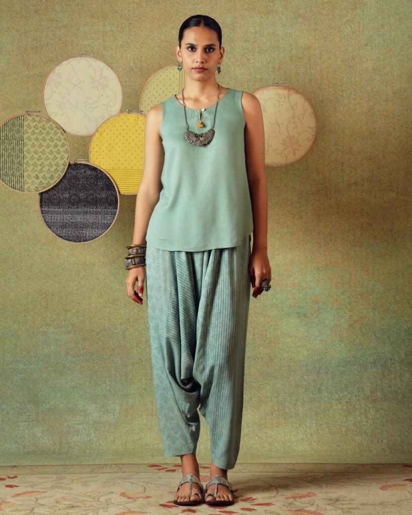 Green striped Turkish pants with moth block print – RA Studio