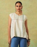 Creamy white flared top with hand embroidery, checks and thin stripes – RA Studio