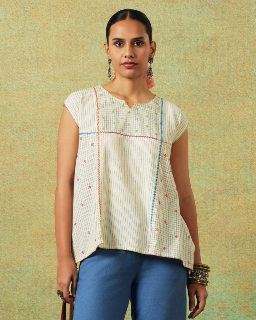 Creamy white flared top with hand embroidery, checks and thin stripes – RA Studio