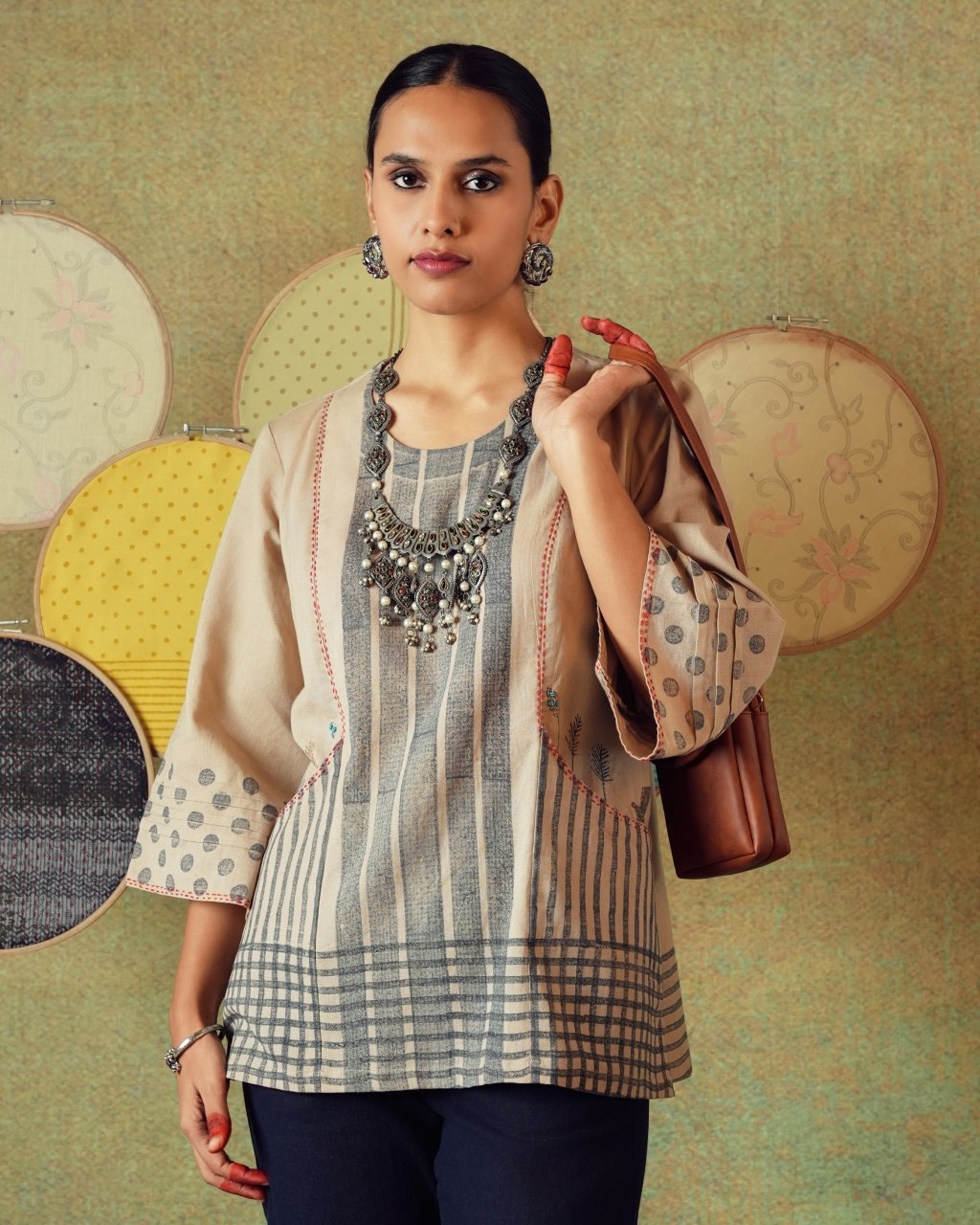 Beige block-printed tunic with princess line and embroidered pocket – RA Studio