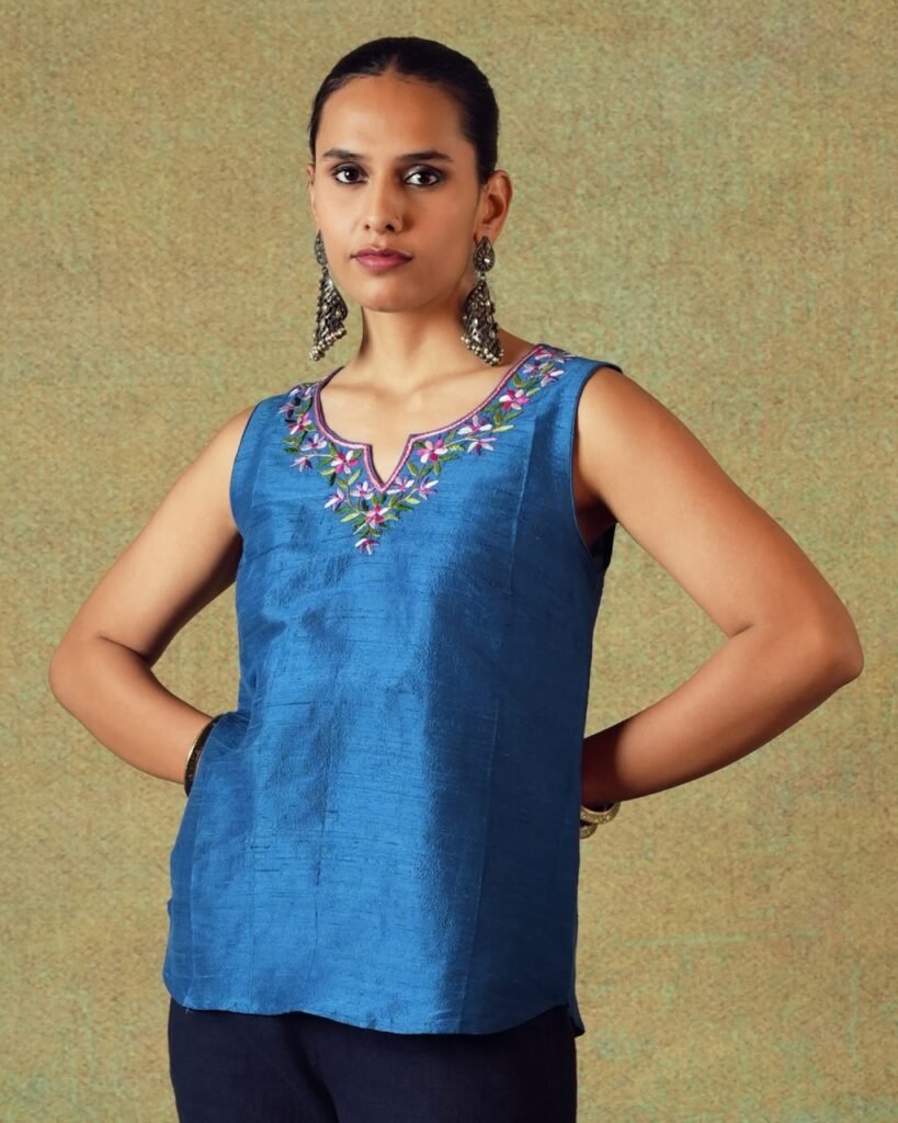 Blue sleeveless Dupion silk top with hand embroidery – RA Studio