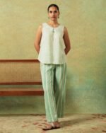 Flared Bottom Pants Green Wide Stripes