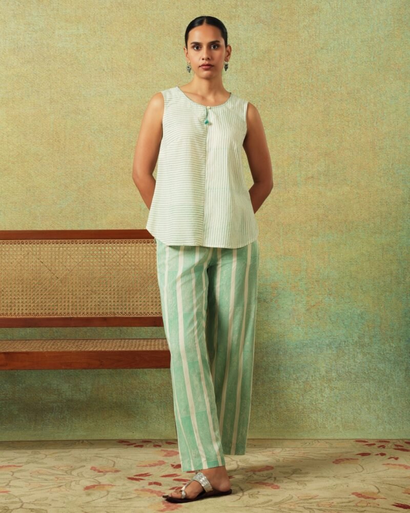 Flared Bottom Pants Green Wide Stripes