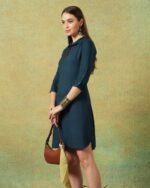 Collared Blue Dress with Details Straight Cut - Image 2