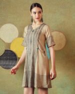 Beige Block Print Dress Princess Line Cut with Stripes & Hand-Embroidered Pocket - Image 2