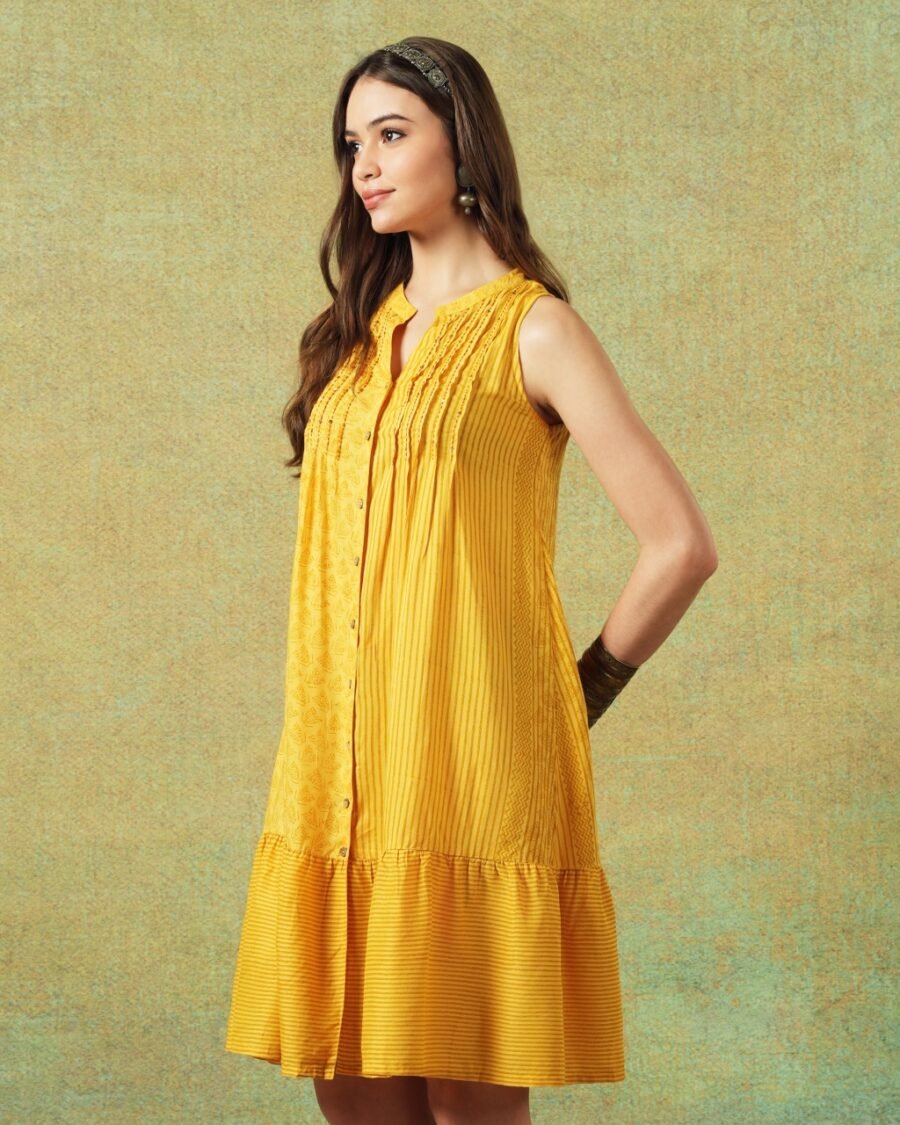 Sleeveless A-line Shirt Dress Yellow Moth and Stripe Print - Image 2