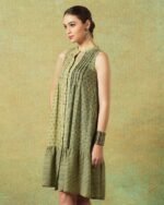 Sleeveless A-line Shirt Dress Green Moth and Stripe Print - Image 2