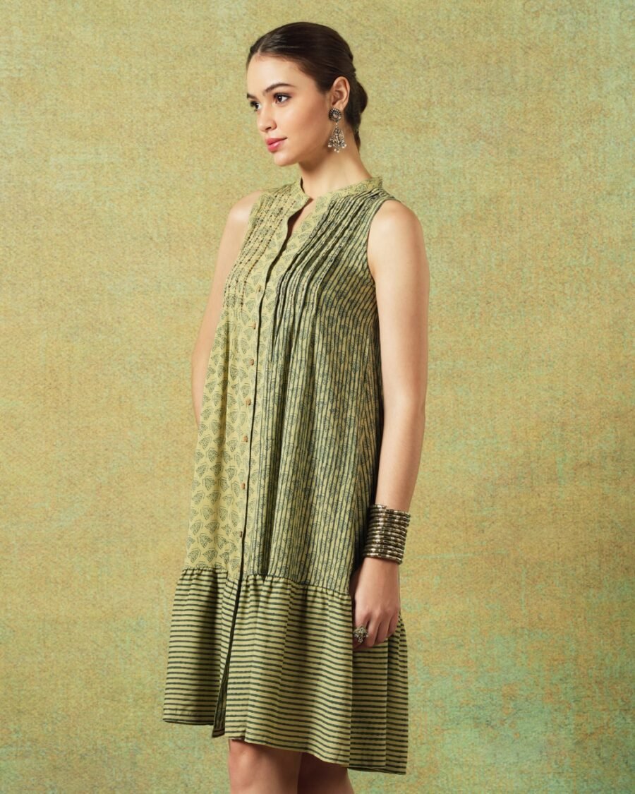 Sleeveless A-line Shirt Dress Green Moth and Stripe Print - Image 2