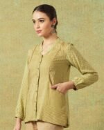 Block Printed Shirt with Pockets Green Stripe and Dot - Image 2