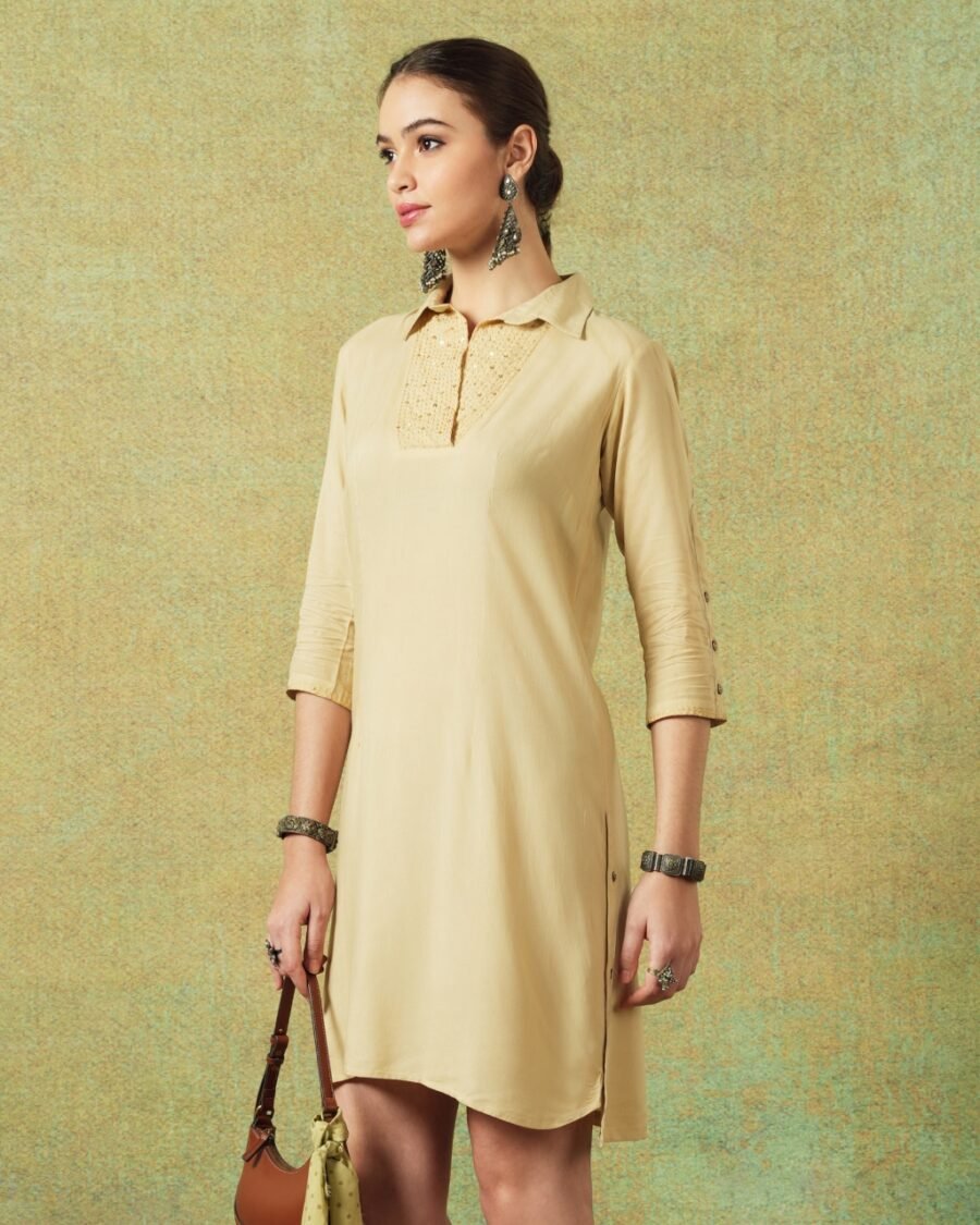 Collared Beige Dress with Details Straight Cut - Image 2