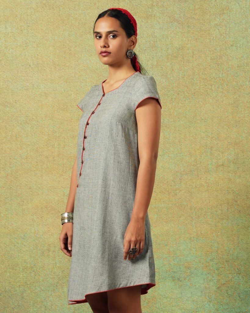 Short-sleeved grey A-line dress with subtle black and white accents – RA Studio