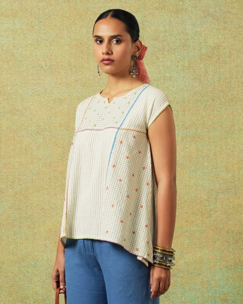 Creamy white flared top with hand embroidery, checks and thin stripes – RA Studio