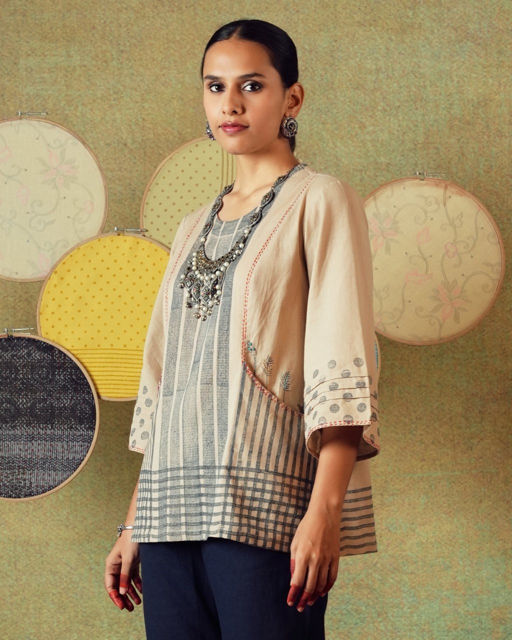 Beige block-printed tunic with princess line and embroidered pocket – RA Studio