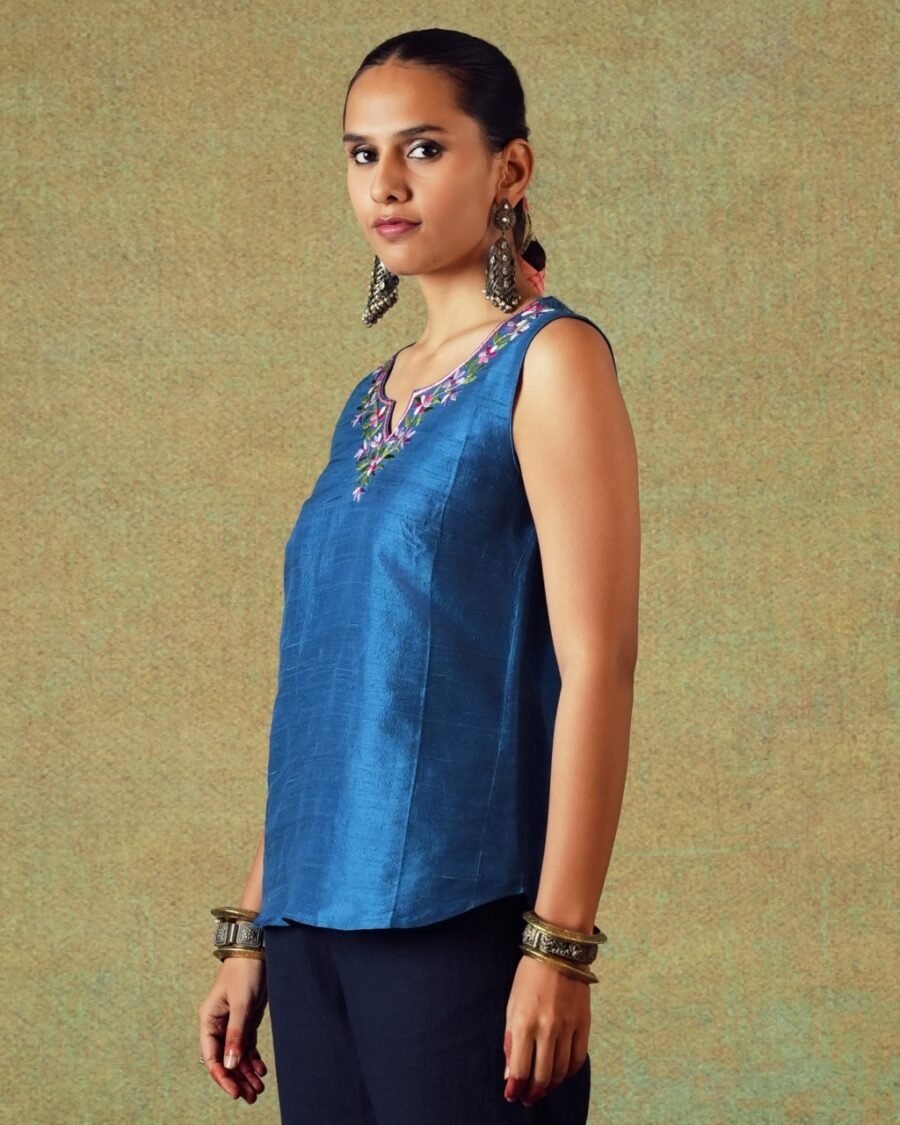 Blue sleeveless Dupion silk top with hand embroidery – RA Studio