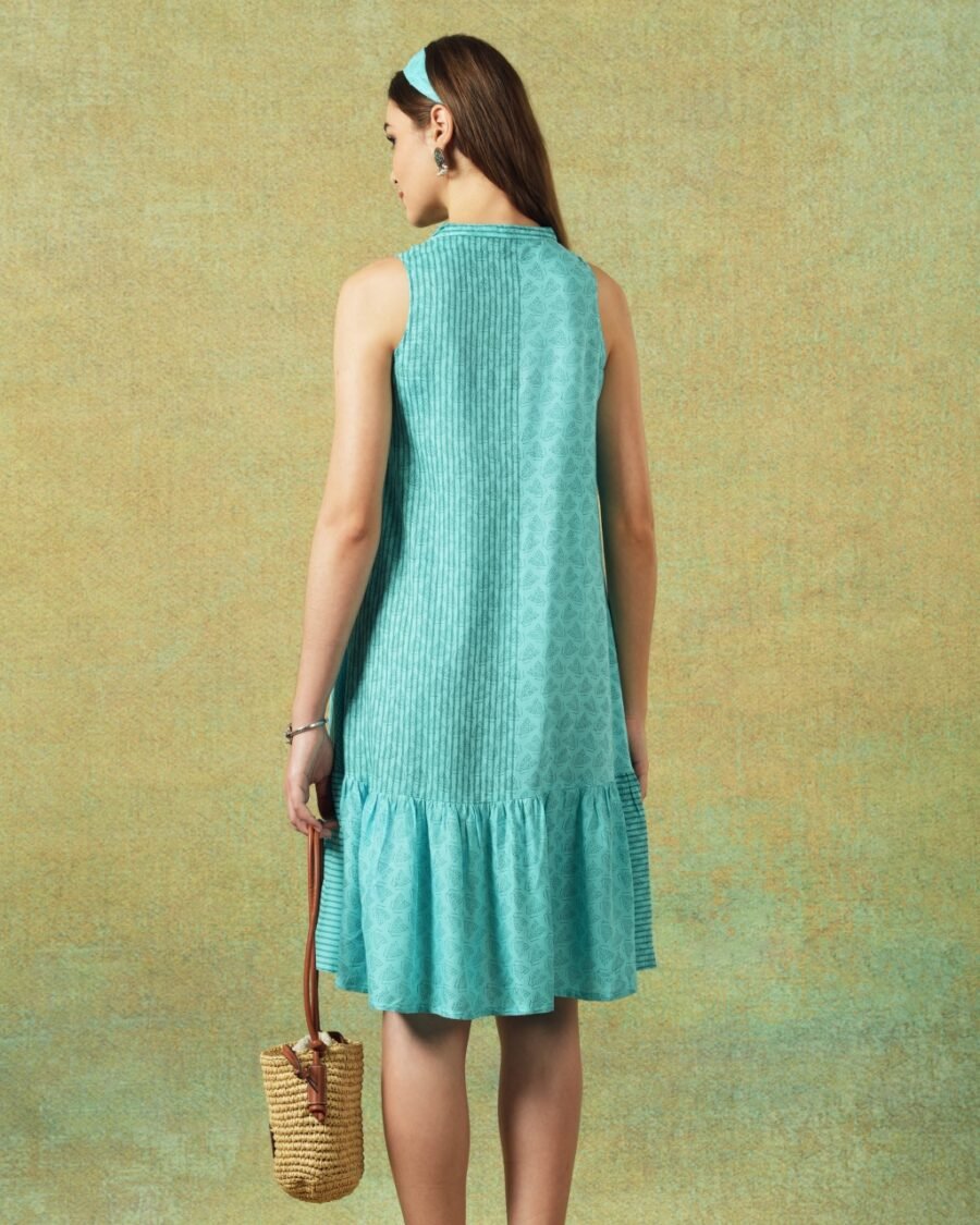 Sleeveless A-line Shirt Dress Blue Moth and Stripe Print - Image 3