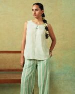 Flared Bottom Pants Green Wide Stripes - Image 2