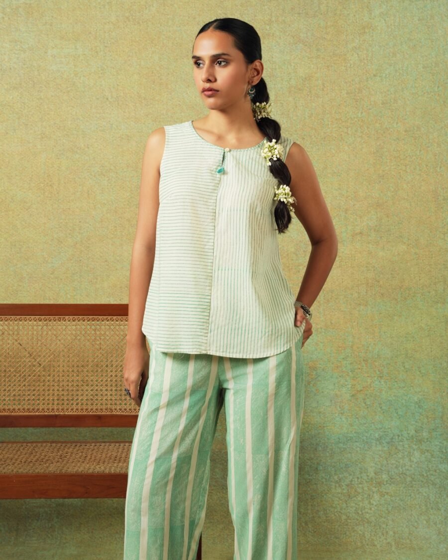 Flared Bottom Pants Green Wide Stripes - Image 2