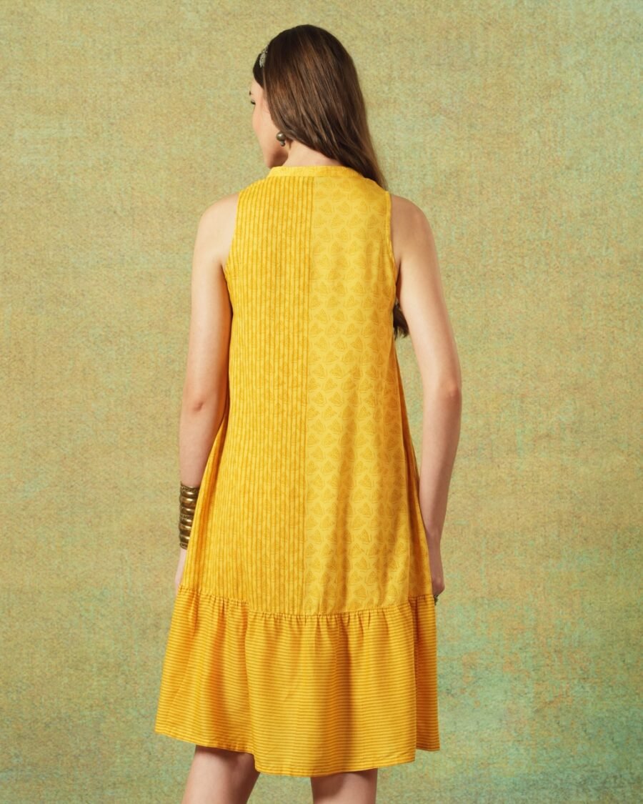 Sleeveless A-line Shirt Dress Yellow Moth and Stripe Print - Image 3